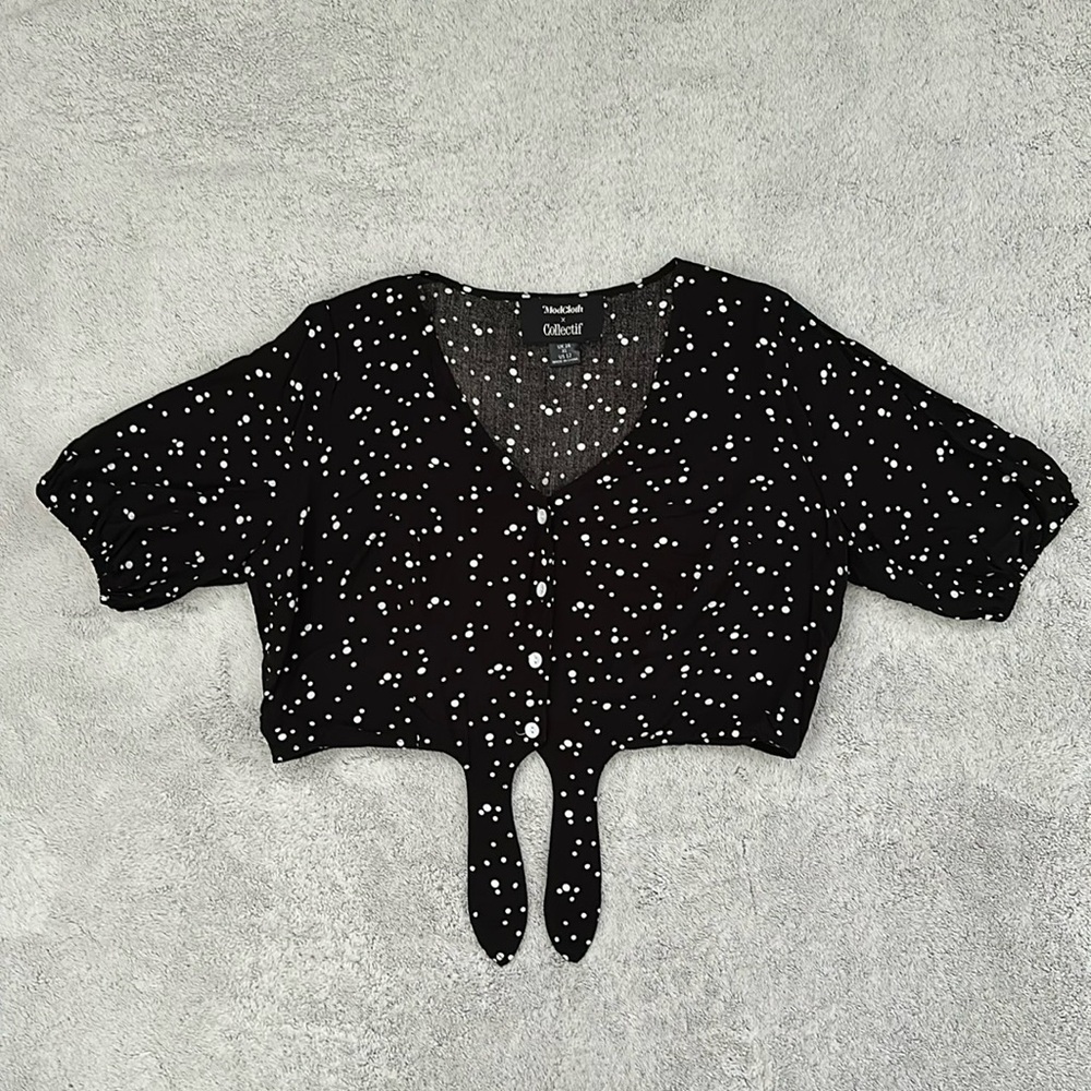 ModCloth x Collectif Size XL Black V-Neck Abstract Polka Dot Crop Top